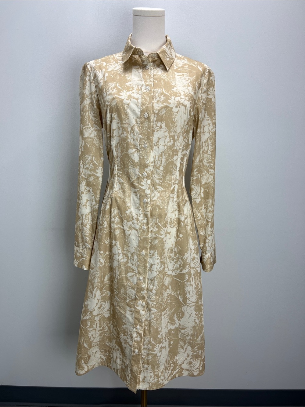 Lela Rose Seamed Shirtdress Tan White Floral Womens 4 Made in USA Designer Dress